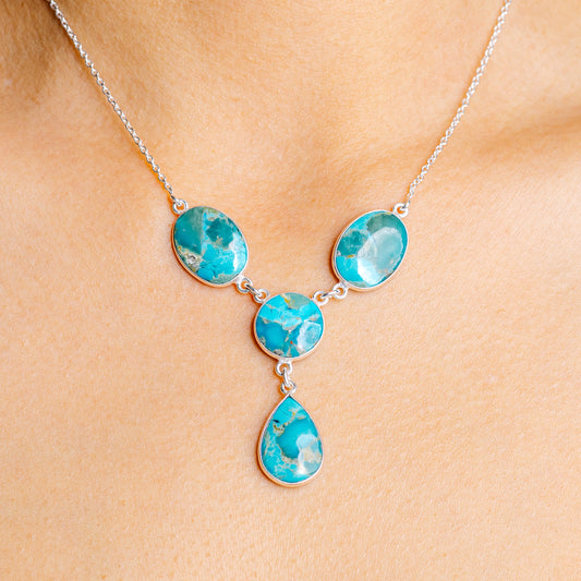 Turquoise oval pendant necklace, four blue stones, .925 sterling silver chain