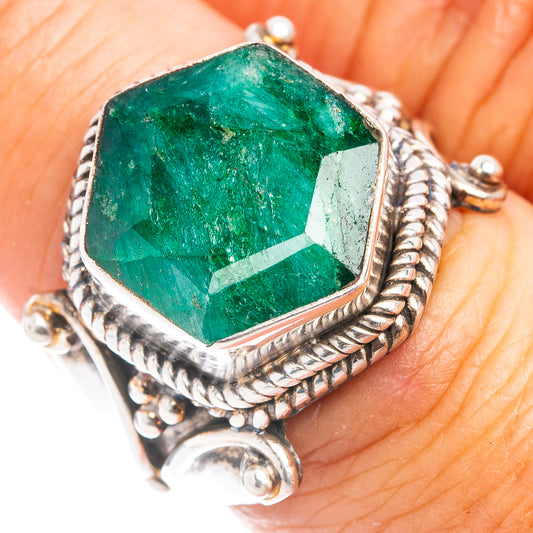 Green sillimanite ring in .925 sterling silver, faceted emerald cut stone, detailed bezel
