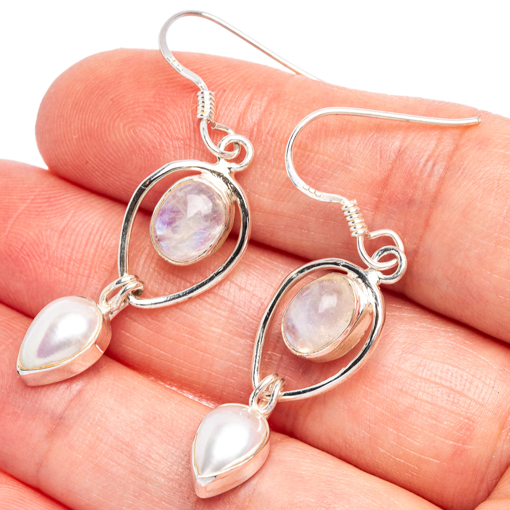 Rainbow Moonstone, Culutred Pearl Earrings 1 3/4" (925 Sterling Silver) E433398