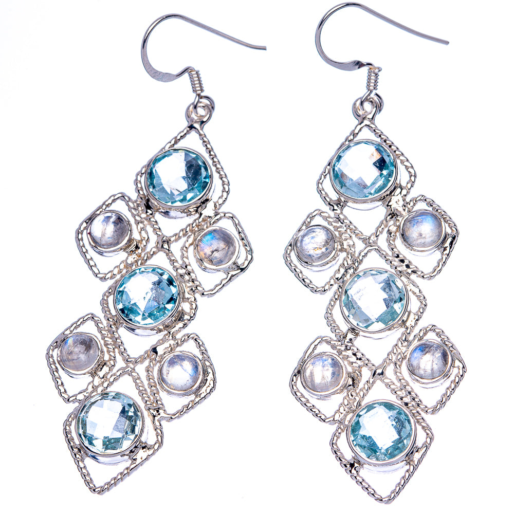 Signature Blue Topaz, Rainbow Moonstone Earrings 2 3/4" (925 Sterling Silver) E1349