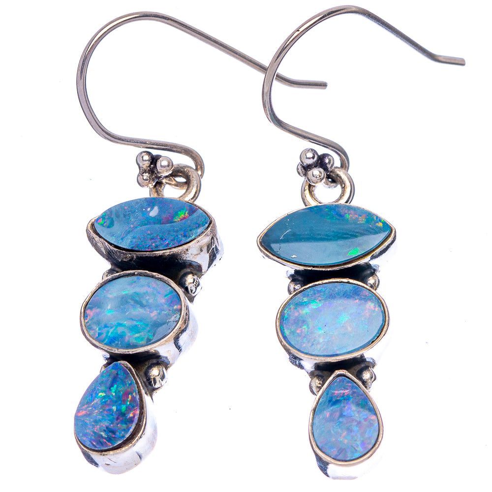 Sterling silver opal doublet drop earrings with three blue oval stones, French hooks