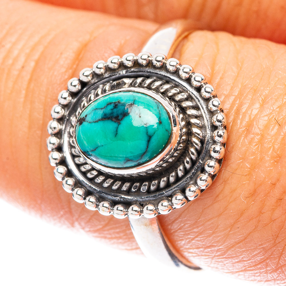 Oval turquoise cabochon dainty sterling silver ring with ornate rope border