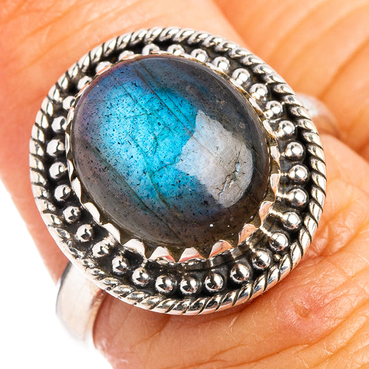 Labradorite cabochon ring in .925 sterling silver with blue flash and beaded bezel