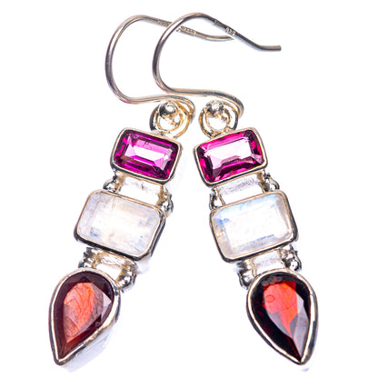 Rainbow Moonstone, Garnet Earrings 1 5/8" (925 Sterling Silver) E432610