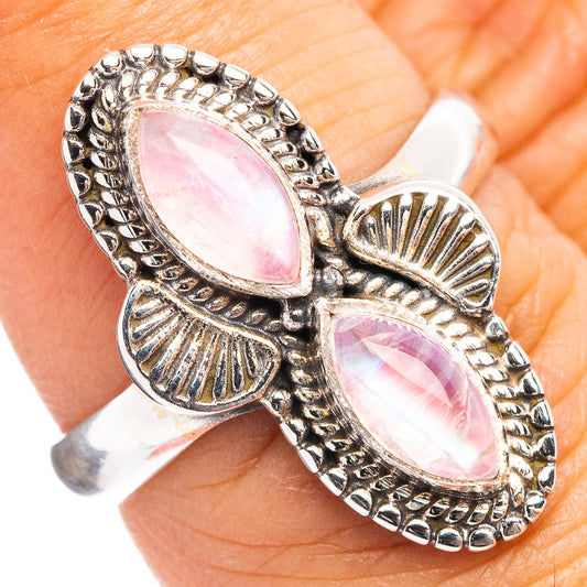 Pink moonstone ring with two teardrop pink stones, .925 sterling silver split band