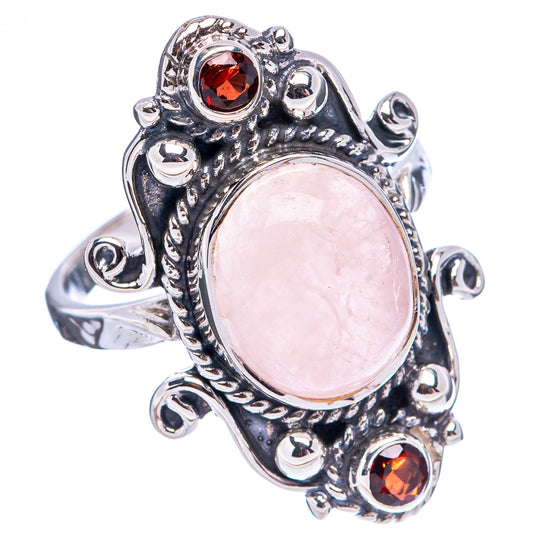 Rose quartz oval cabochon sterling silver ring with red garnets, size 7.75