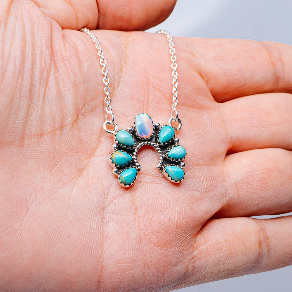 Southwestern Style Aurora Opal, Mohave Turquoise Necklace 17 to 19" (.925 Sterling Silver)