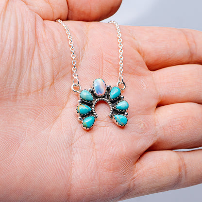 Southwestern Style Aurora Opal, Mohave Turquoise Necklace 17 to 19" (.925 Sterling Silver)