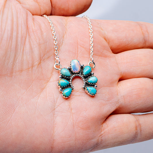 Southwestern Style Aurora Opal, Mohave Turquoise Necklace 17 to 19" (.925 Sterling Silver)