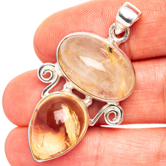 Oval rutilated quartz pendant with amber and light crystal stones, .925 sterling silver