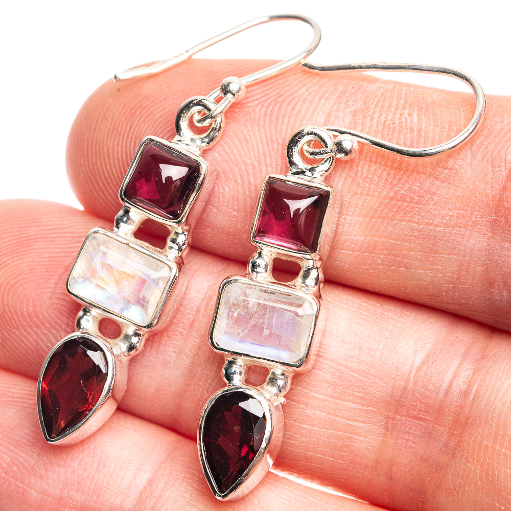 Rainbow Moonstone, Garnet Earrings 1 5/8" (925 Sterling Silver) E432596