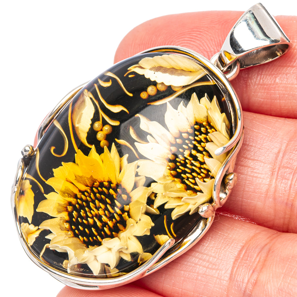 Amber Intaglio Sunflower Pendant 2" (925 Sterling Silver) P42586
