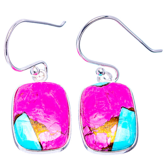 1-1/4 in 925 sterling silver earrings, bright pink and turquoise panels, fishhook.