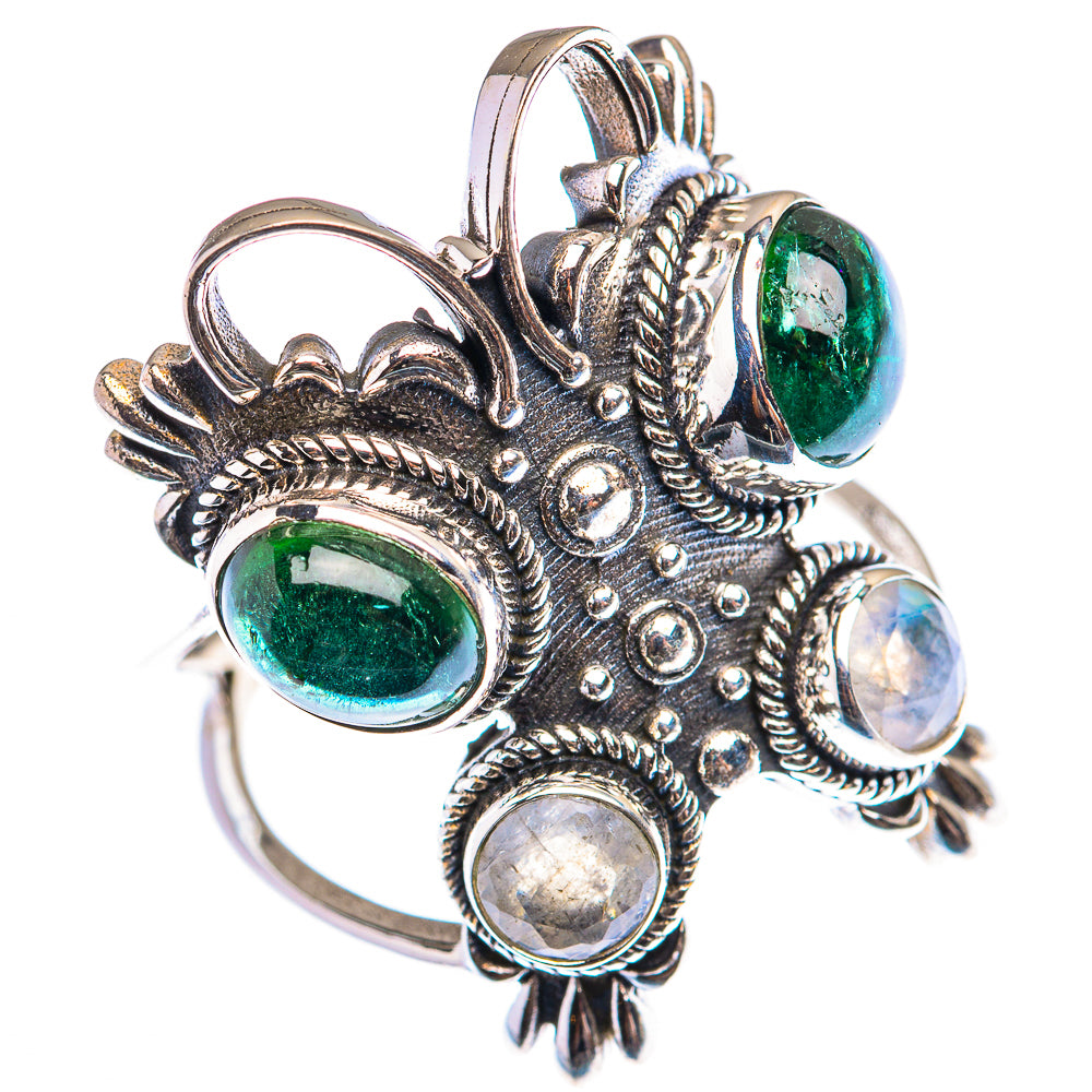 Sterling silver statement ring with green aventurine and rainbow moonstone ovals
