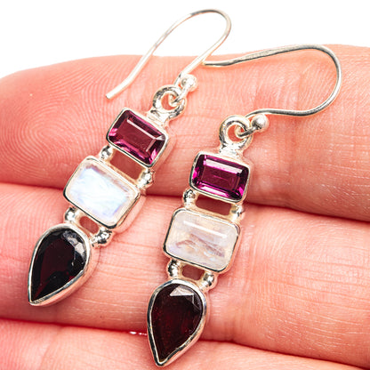 Rainbow Moonstone, Garnet Earrings 1 5/8" (925 Sterling Silver) E432610