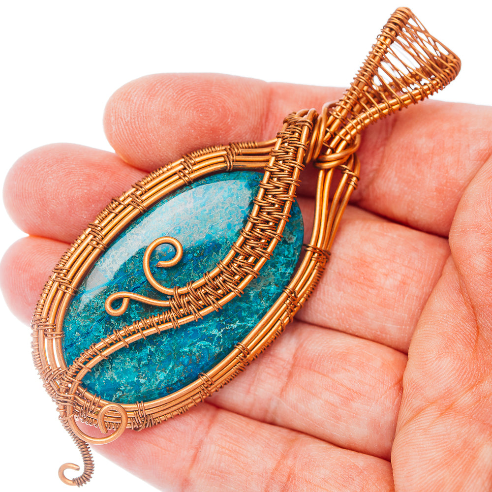 Chrysocolla Wire Warp Pendant 3 1/2" (Copper)