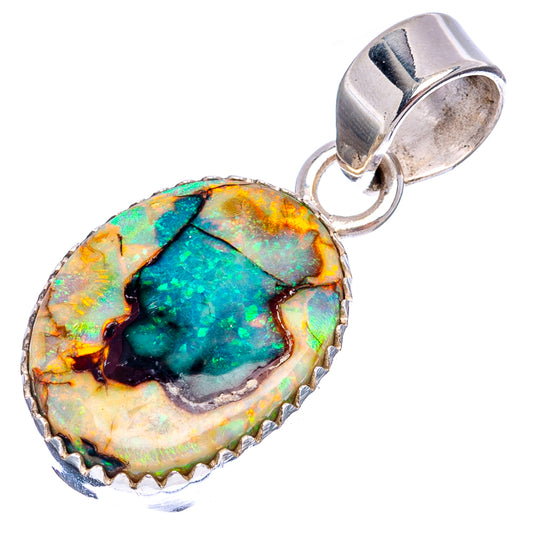 Sterling silver opal pendant, oval bezel-set opal with green-blue and orange flashes