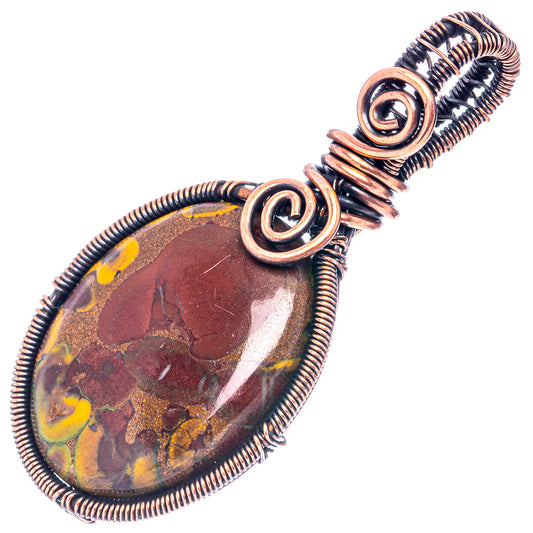 Oxidized copper teardrop jasper pendant with wire-wrapped spiral frame