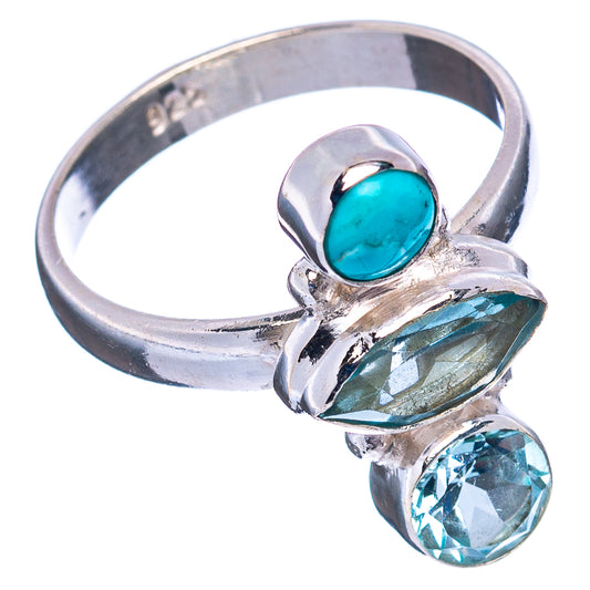 Sterling silver ring showing band with turquoise cabochon and blue oval stones