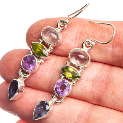 Natural Moonstone, Peridot, Amethyst, Tanzanite 925 Sterling Silver Earrings 1 7/8"