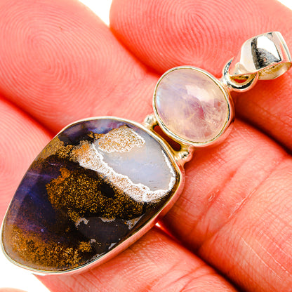 925 sterling silver pendant with oval boulder opal and round moonstone cabochon