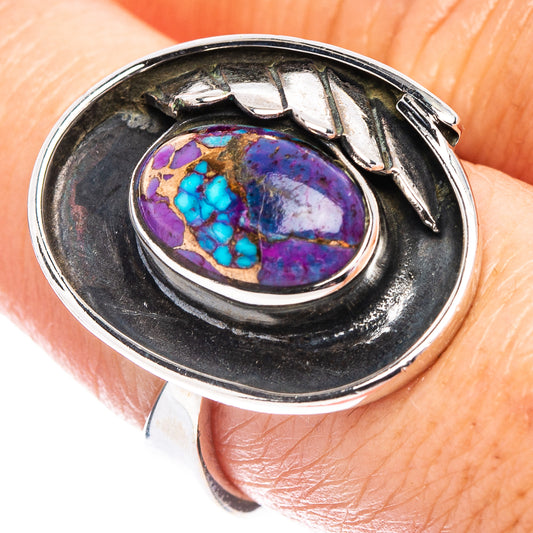 Oval purple and turquoise gemstone sterling silver ring with adjustable setting