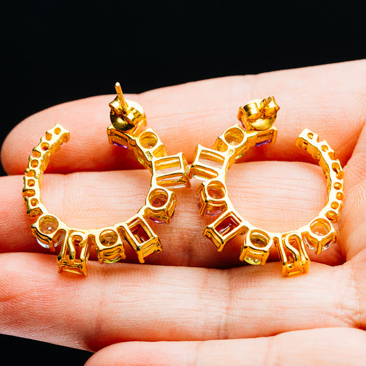 Blue Topaz, Amethyst, Perdiot, Citrine, Rhodolite Garnet C-Hoop Earrings 1 1/8" (.925 Sterling Silver) 24k Gold Plated