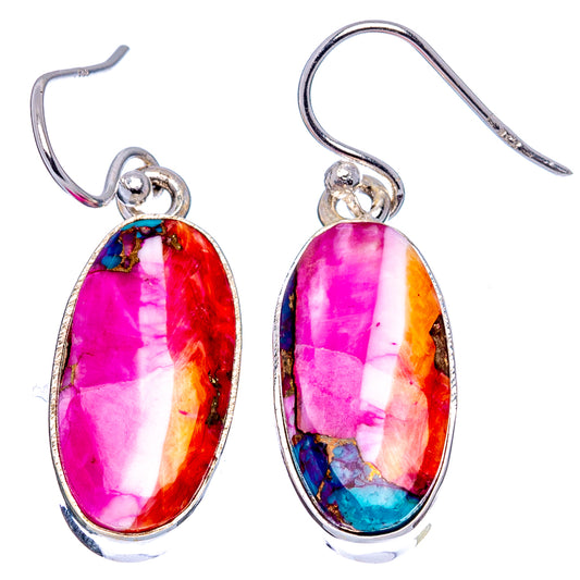 Sterling silver oval dangle earrings with multicolor stone, hot pink, orange, and turquoise.