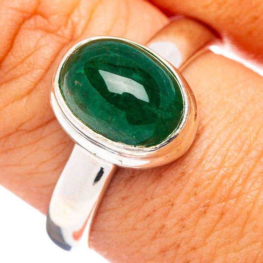 Sterling silver emerald ring with oval green cabochon, size 8.75