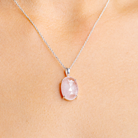 Sterling silver necklace with oval pink morganite pendant