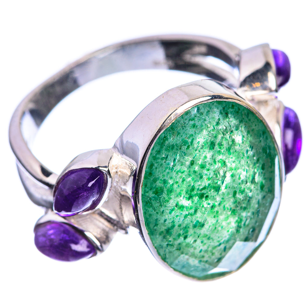 925 sterling silver ring with large oval green aventurine stone and three amethyst accents