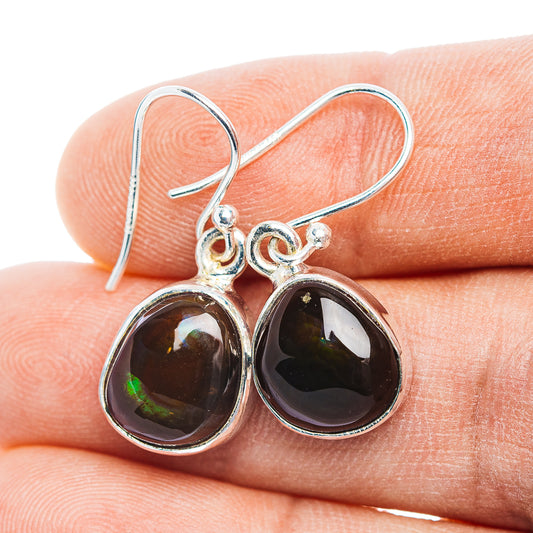 Sterling silver drop earrings with two round dark fire agate stones and green highlights
