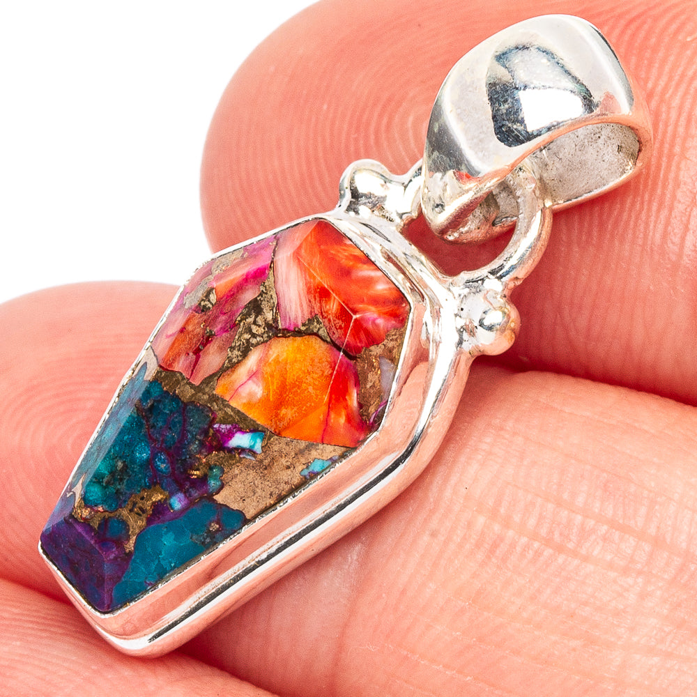 Sterling silver spiny oyster turquoise pendant with rectangular bezel-set blue-green stone