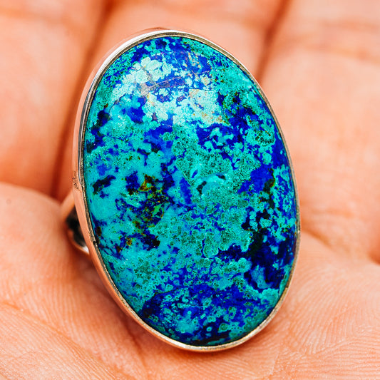 Oval blue-green azurite gemstone sterling silver ring, centered front view