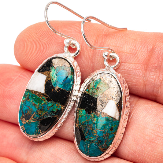 Oval chrysocolla and onyx drop earrings, .925 sterling silver oval bezels