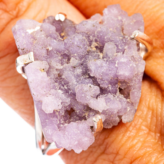 Sterling silver ring with a purple grape agate crystal cluster, open prong setting