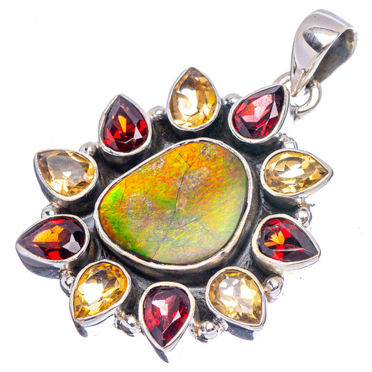 Silver ammolite pendant with central iridescent oval and red/yellow teardrop gemstone border