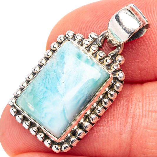 Larimar pendant in .925 sterling silver, rectangular turquoise stone with beaded border