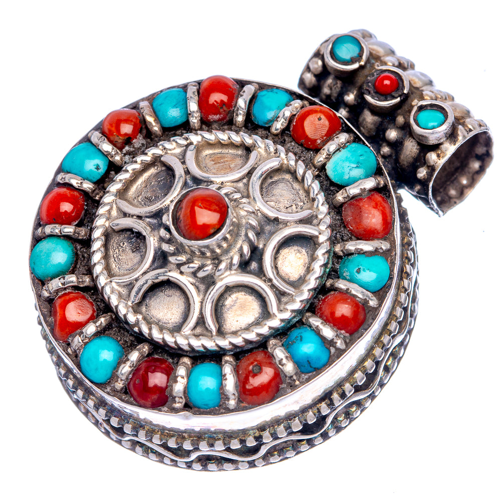 Vintage Native Style Arizona Turquoise, Red Coral 1 3/8" (925 Sterling Silver) P40021