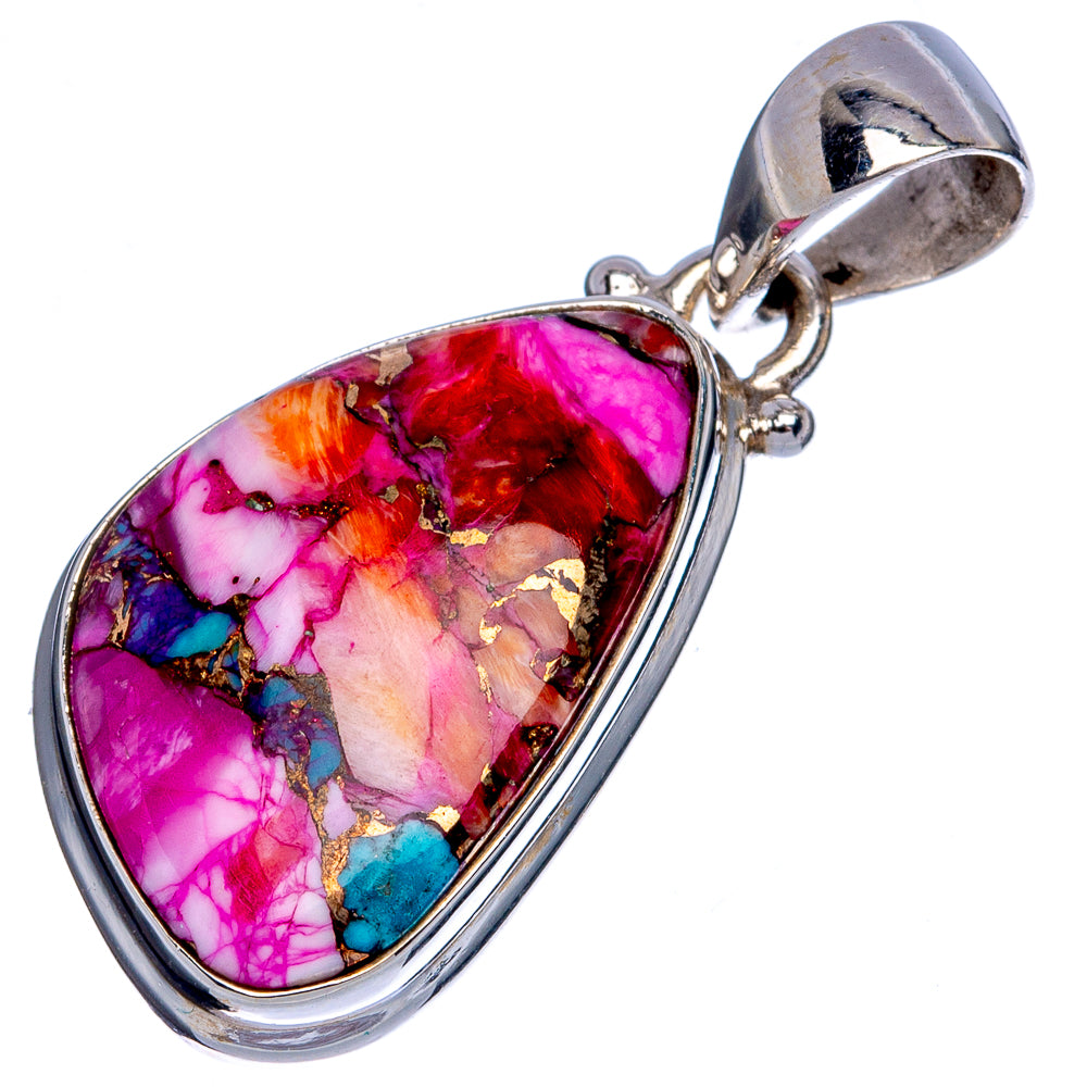 Sterling silver teardrop pendant with pink turquoise and gold stone inlay