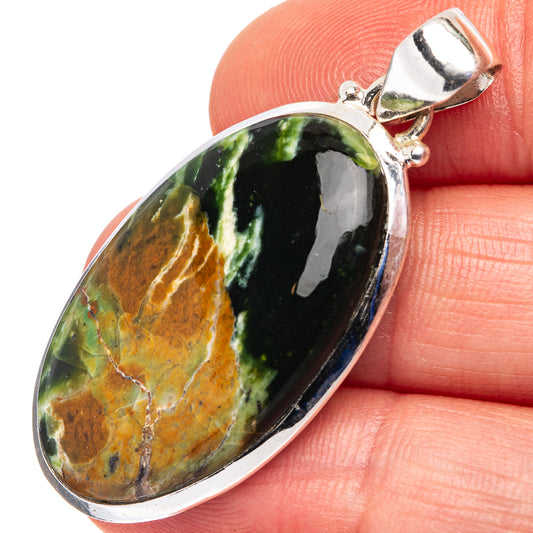 Chrome chalcedony oval pendant close-up with .925 sterling silver bezel and bail; green.