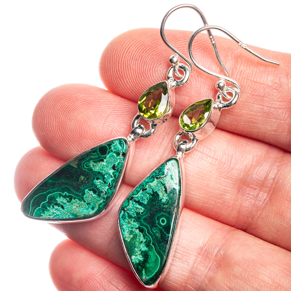 Malachite, Peridot 925 Sterling Silver Earrings 2 1/8"