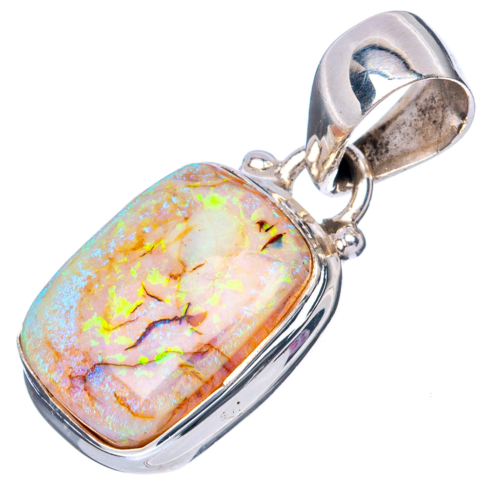 Sterling silver opal pendant with cushion-oval cabochon, open bail; iridescent white, blue, yellow.