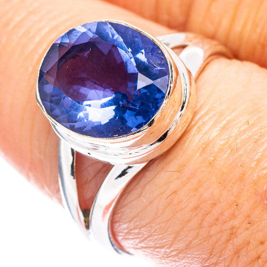Blue fluorite faceted ring in .925 sterling silver, size 8, close-up on finger