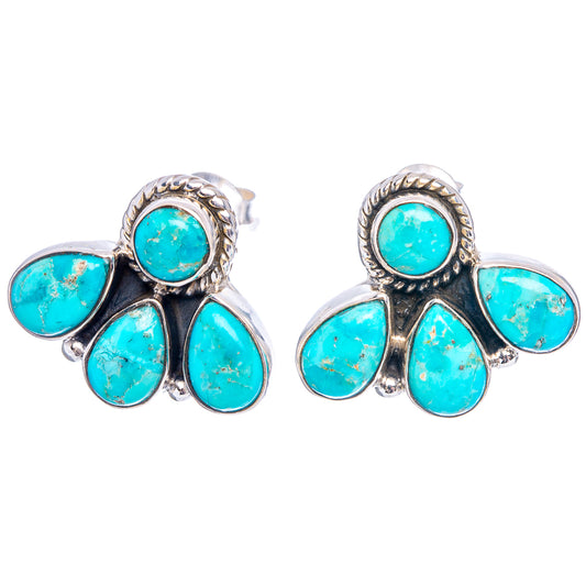 Turquoise cluster stud earrings, five blue teardrop stones with silver rope bezel and posts