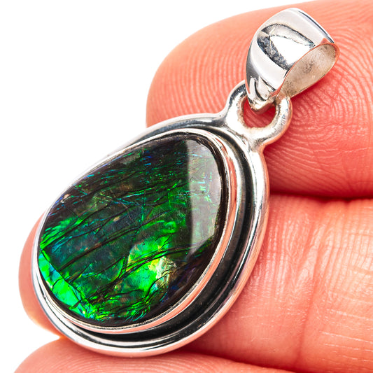 Sterling silver ammolite pendant with teardrop green iridescent stone and loop bail