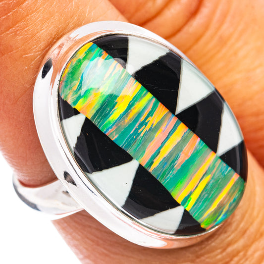 Opal aura ring in .925 sterling silver with multicolor iridescent oval center
