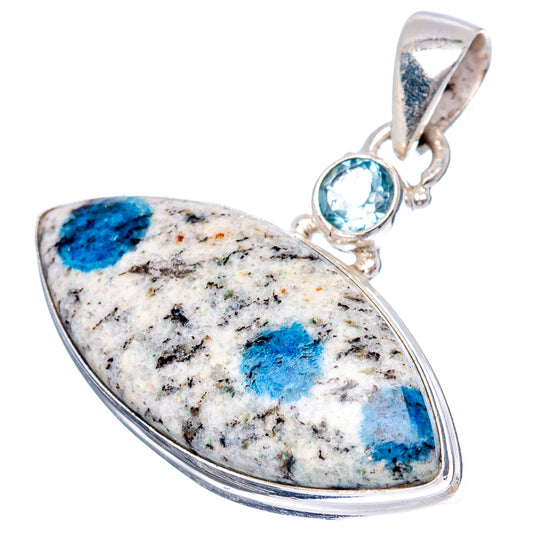 K2 Blue azurite pendant, sterling silver teardrop frame with speckled white and blue stone