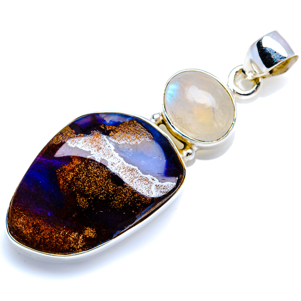 925 sterling silver pendant with oval boulder opal in blue-gold and round moonstone