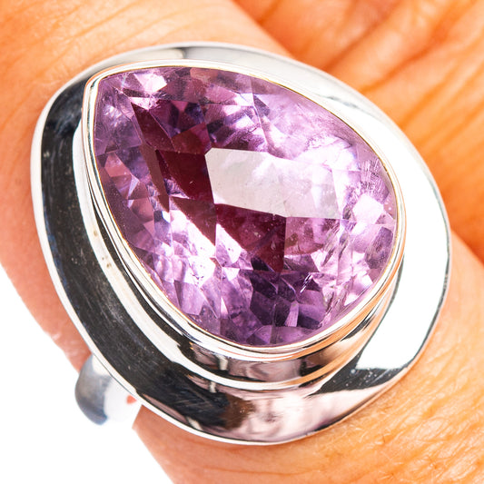 Amethyst faceted sterling silver ring with oval purple gemstone, size 8